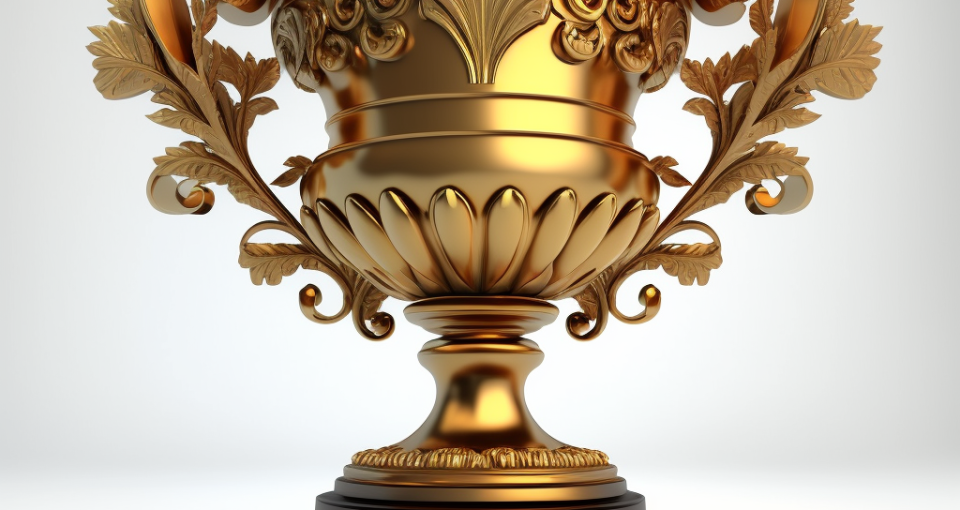 An ornate golden trophy with intricate carvings and a dark pedestal base, resembling the culmination of a meticulous chain of thought in design.