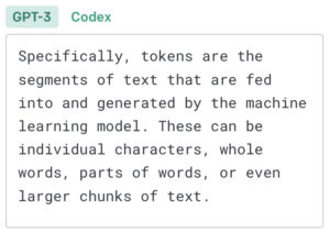 OpenAI's GPT-3 Codex tokenizer example: 40 tokens from 204 characters, demonstrating AI text segmentation